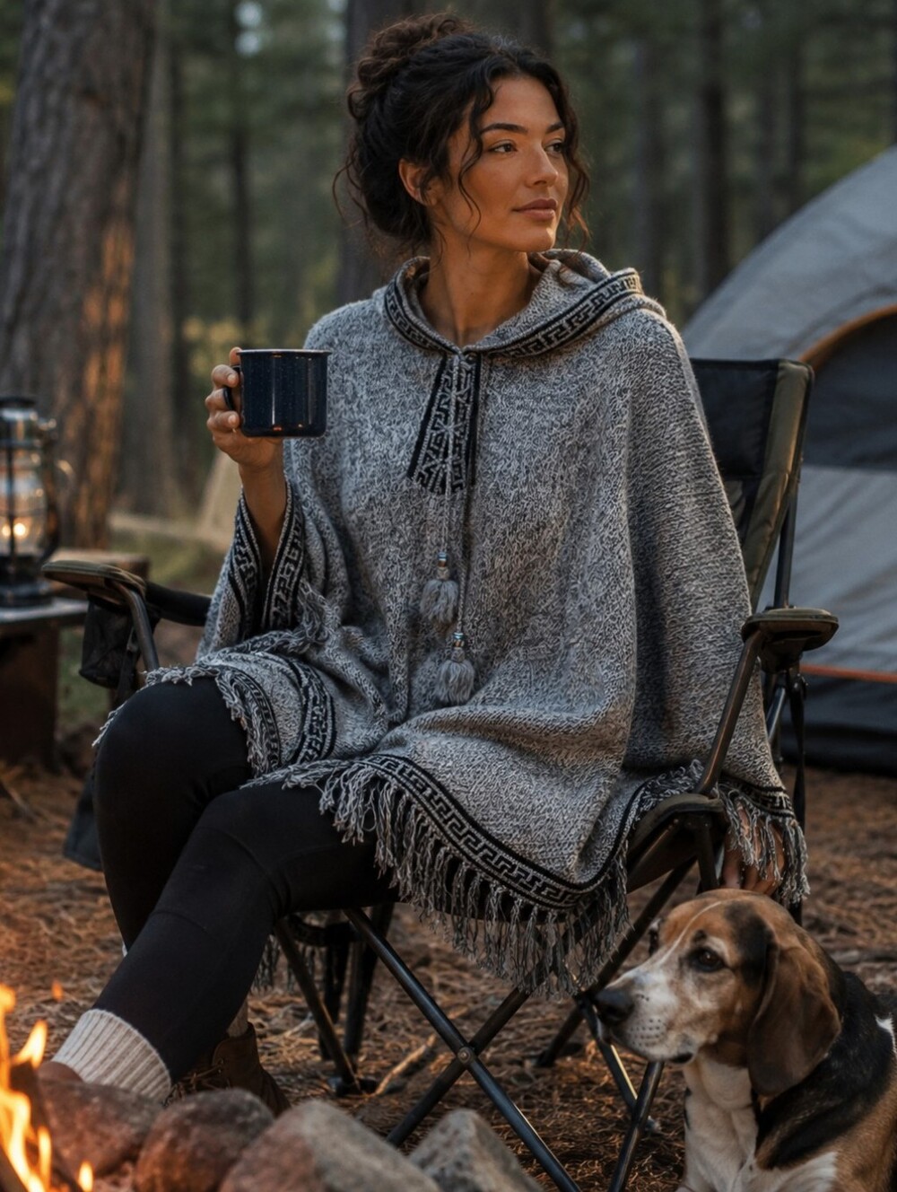 Handmade Hooded Alpaca Wool Poncho | Gray Fringe Sweater Cape | One Size